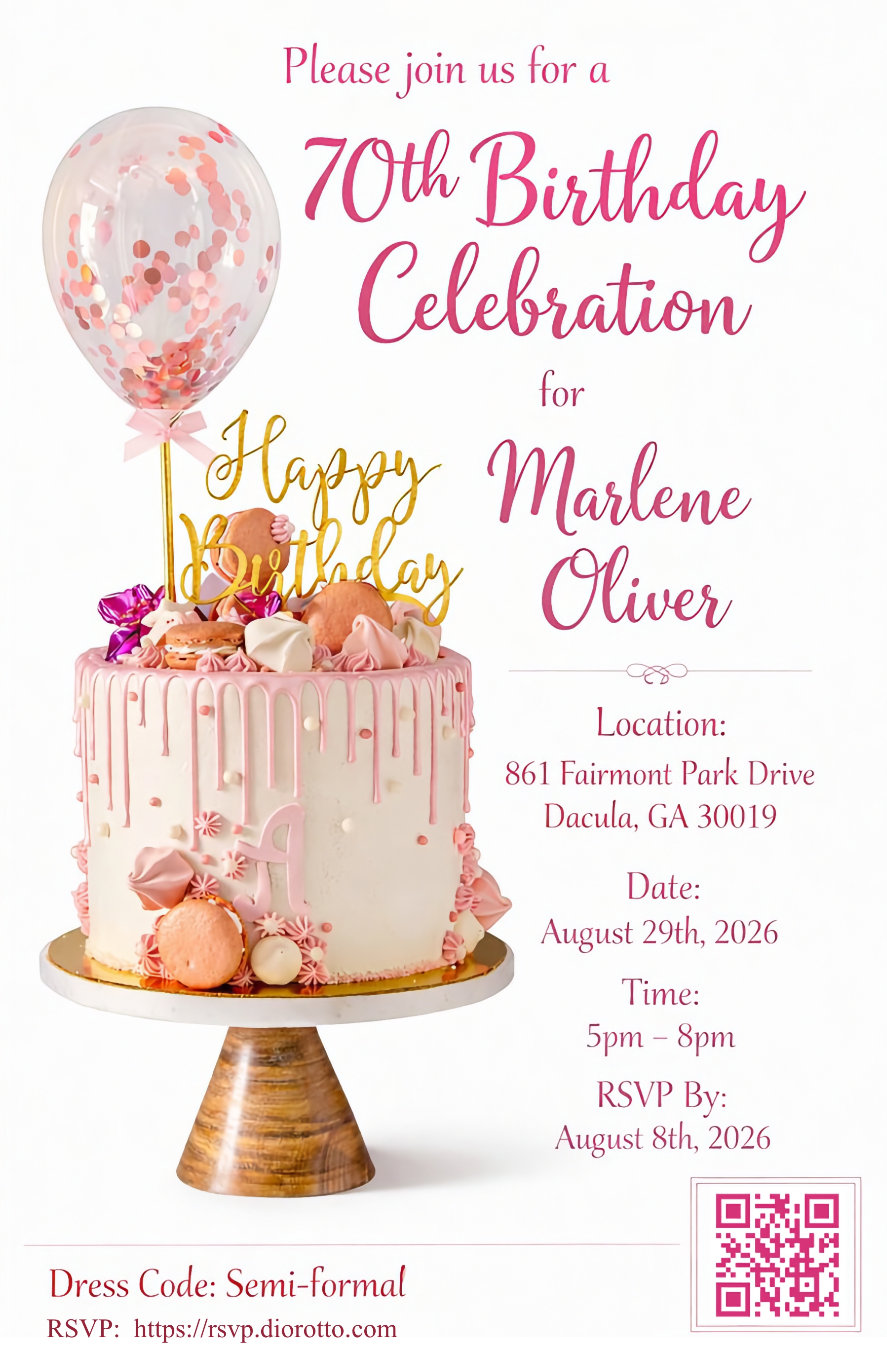 Invitation for Marlene Oliver's 70th birthday celebration